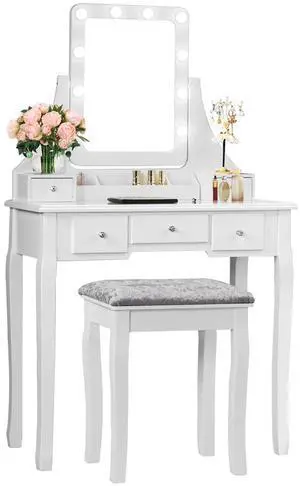 SlickBlue Vanity Dressing Table Set with 10 Dimmable Bulbs and Cushioned Stool-White