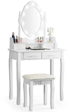 SlickBlue Makeup Vanity Dressing Table Set with Dimmable Bulbs Cushioned Stool-White