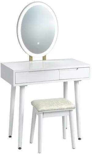 SlickBlue Touch Screen Vanity Makeup Table Stool Set with Lighted Mirror-White