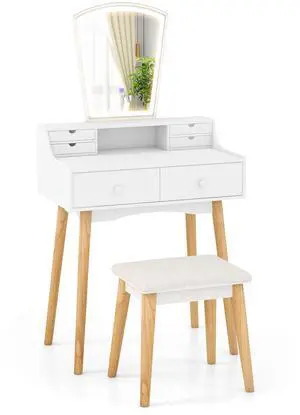 SlickBlue Vanity Desk Set with 3-Color Adjustable LED Lighted Mirror and Drawers-White
