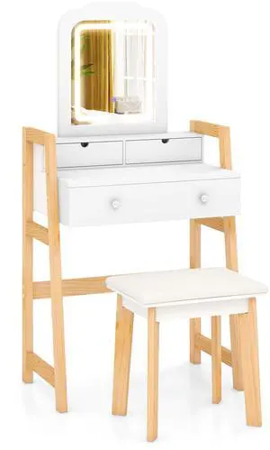SlickBlue Adjustable Height Vanity Desk Set with 3-Color LED Lighted Mirror and Drawers-White