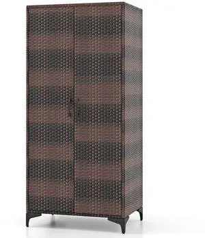 SlickBlue 62 Inch Wicker Wardrobe with 2 Doors PE Rattan Closet with Hanging Rod