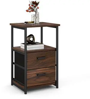 SlickBlue 3-Tier Retro Nightstand with 2 Removable Fabric Drawers and Open Shelf-Walnut