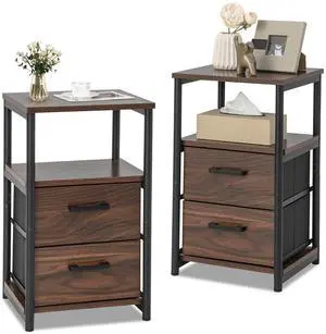SlickBlue Bedside Table Set of 2 with Removable Fabric Drawers and Metal Frame-Walnut