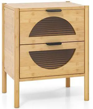 SlickBlue Bamboo Nightstand with 2 Storage Drawers and Reeded Tempered Glass Fronts-Natural