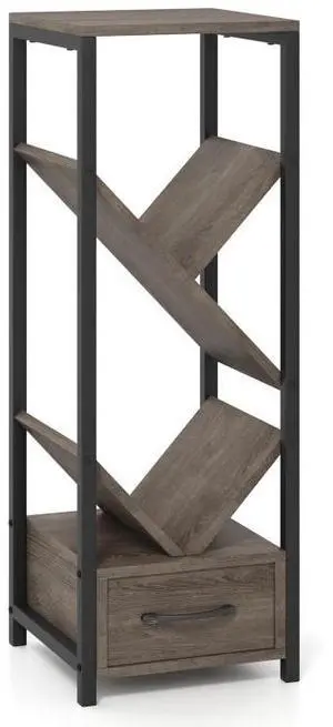SlickBlue 4 Tier Floor Tree Bookshelf with Drawer and Metal Frame-Gray