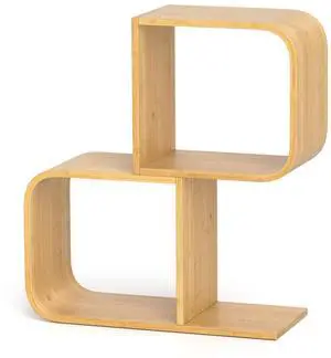 SlickBlue 2-Tier S-Shaped Bamboo Bookcase with 2 Open Cubes for Living Room-Natural