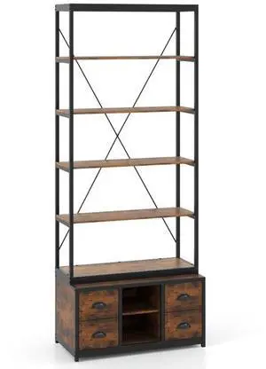 SlickBlue 8-tier Bookshelf with 4 Fabric Drawers  and Heavy-duty Metal Frame-Coffee