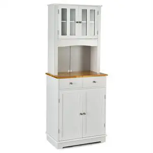 SlickBlue Kitchen Pantry Cabinet with Wood Top and Hutch-White