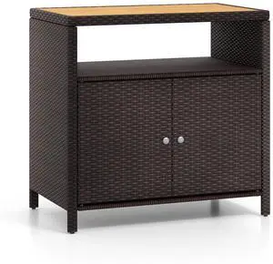SlickBlue Rattan Storage Cabinet with Acacia Wood Countertop for Poolside Deck and Patio