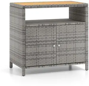 SlickBlue Rattan Storage Cabinet with Acacia Wood Countertop for Poolside Deck and Patio