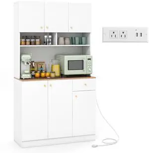 SlickBlue 71 Inch Tall Pantry Cabinet with Outlets for Dining Room-White