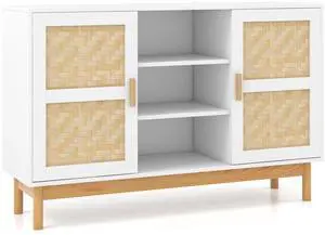 SlickBlue 48 Inch Sideboard Buffet Cabinet Floor Storage Cabinet with 2 Bamboo Woven Doors-White