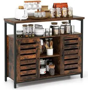SlickBlue Buffet Cabinet Industrial Sideboard Storage Cabinet with Push-to-Open Slatted Door and 3 Adjustable Shelves-Rustic Brown