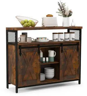 SlickBlue Buffet Cabinet with 3-Level Adjustable Shelves and 2 Sliding Barn Doors-Rustic Brown