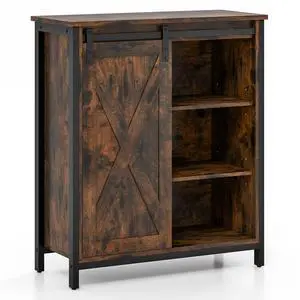 SlickBlue 32 Inch Farmhouse Sideboard Buffet Cabinet with Sliding Barn Door and Adjustable Shelves-Rustic Brown