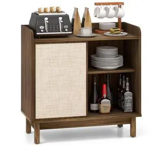 SlickBlue Rattan Buffet Sideboard Mid Century Floor Storage Cabinet with Sliding Door and Adjustable Shelves-Walnut