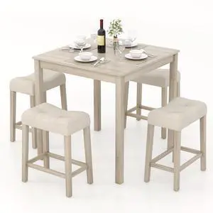 SlickBlue 5 Pieces Bar Table Set with Square Table and 4 Padded Stools-Gray