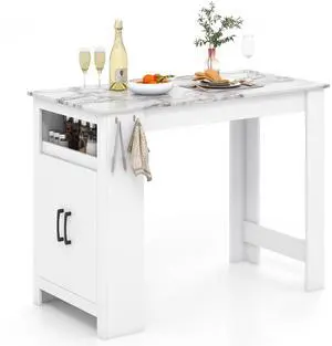 SlickBlue Bar Table Faux Marble Pub Table with 7 Hanging Hooks Compartment-White