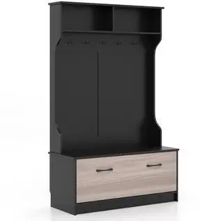 SlickBlue 3 in 1 Coat Rack with Entryway Bench and Hooks and Enclosed Cabinet-Black