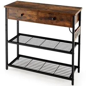 SlickBlue Narrow Console Table with 2 Drawers and 2 Metal Mesh Shelves-Rustic Brown