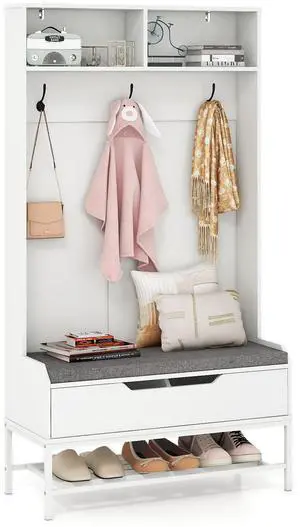 SlickBlue 69 Inches Tall Hall Tree 4-in-1 Coat Rack with Seat Cushion and Shoe Storage-White
