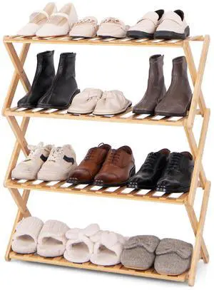 SlickBlue 4-Tier Foldable Bamboo Shoe Rack with Slatted Shelves-Natural