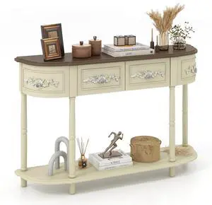 SlickBlue Retro Curved Console Table with Drawers and Solid Wood Legs-Beige
