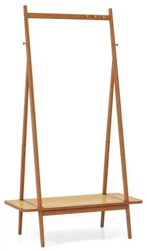 SlickBlue Bamboo Clothes Rack with Hanging Rod Rattan Shelf and Copper Hooks