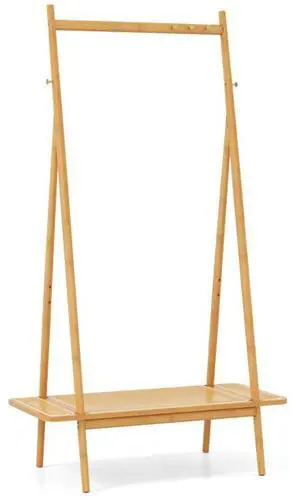 SlickBlue Bamboo Clothes Rack with Hanging Rod Rattan Shelf and Copper Hooks
