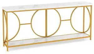 SlickBlue 2-Tier Faux Marble Top Console Table with Storage Shelf-White