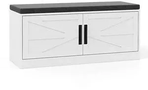 SlickBlue Shoe Bench with Cushion Farmhouse Shoe Rack Organizer with 2 Barn Doors-White