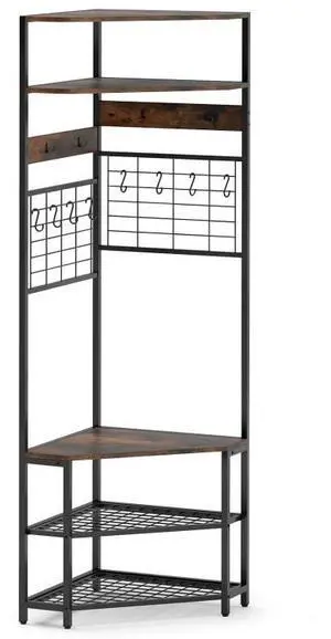 SlickBlue 5-Tier Corner Hall Tree with Shoe Storage Bench-Rustic Brown