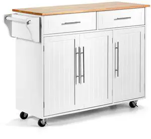 SlickBlue Kitchen Island Trolley Cart Wood Top Rolling Storage Cabinet-White