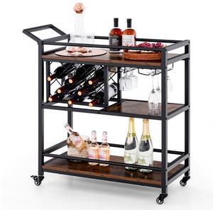 SlickBlue 3-tier Bar Cart on Wheels Home Kitchen Serving Cart with Wine Rack and Glasses Holder