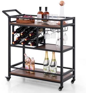 SlickBlue 3-tier Bar Cart on Wheels Home Kitchen Serving Cart with Wine Rack and Glasses Holder