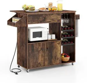 SlickBlue Drop Leaf Mobile Kitchen Island Cart with Power Outlet and Adjustable Shelf