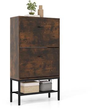 SlickBlue Industrial Shoe Storage Cabinet with 2 Flip Drawers and 1 Bottom Metal Shelf-Brown