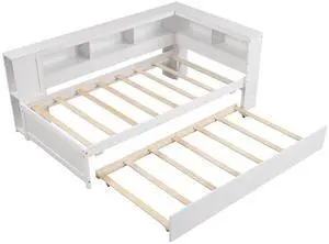 SlickBlue Twin Size Daybed Platform Bed Frame with Trundle and Bedside Shelves-White
