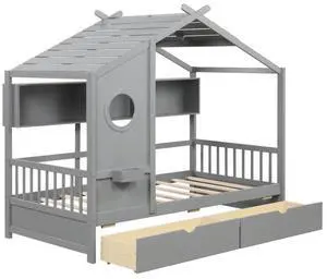 SlickBlue Twin Size House Bed with 2 Storage Drawers and Fence Guardrails-Gray