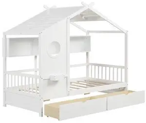 SlickBlue Twin Size House Bed with 2 Storage Drawers and Fence Guardrails-White