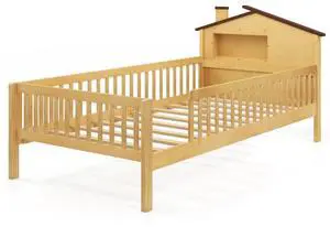 SlickBlue Twin Size Kids Montessori Bed with House-Shaped Headboard and Built-in Storage Shelf-Natural