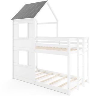 SlickBlue Wooden  Twin Over Twin Bunk Bed with Full-length Safety Guardrail and Ladder-White and Gray