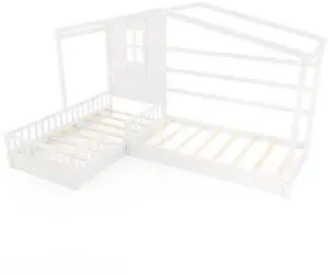 SlickBlue L-shaped Double Twin Beds House Platform Beds with Fences Corner Bed Frame-White