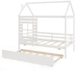 SlickBlue Twin Size Wooden Platform House Bed with Trundle and Roof-White