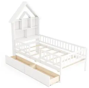 SlickBlue Twin Size House Bed Kids Montessori Bed with House-Shaped Storage Headboard-White