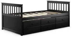SlickBlue Twin Captainâs Bed with Trundle and 3 Storage Drawers-Dark Brown