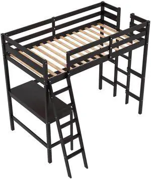 SlickBlue Twin Size Loft Bed Frame with Desk Angled and Built-in Ladder-Espresso