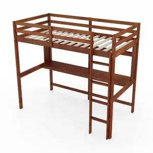 SlickBlue Twin Size Solid Wood Slatted Loft Bed Frame with Safety Guardrail for Kid-Brown