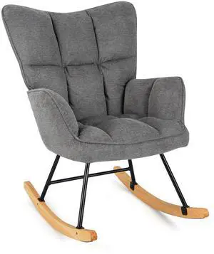 SlickBlue Linen Nursery Rocking Chair with High Backrest and Padded Armrests-Gray